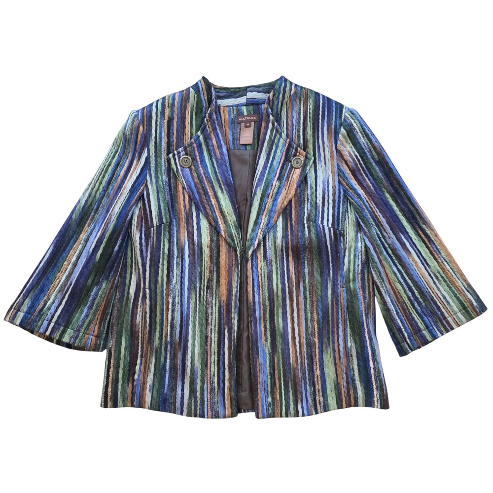 Multiples Blue Brown Striped Blazer Jacket Open Front 3/4 Sleeve Medium <3